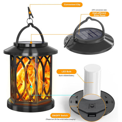 2pcs Hanging Solar Lanterns with Realistic Flickering Flame LED, Solar Lights Outdoor Garden, Waterproof Flame Effect Garden Ornaments for Pathway Patio Decoration