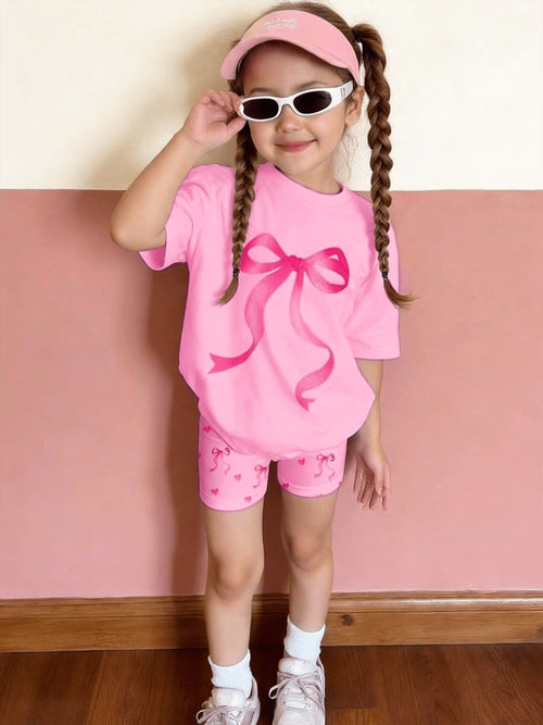 2pcs Set of Casual Loose-fitting Round-neck Short-sleeve T-shirt and Shorts for Girls Aged 1-6, Featuring Cute Heart and Bowknot Prints, Suitable for Daily Wear, Outings, Home, and School in Spring and Summer, Perfect for Outdoor