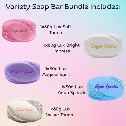 Lux Soap Bars Beauty Soap Collection - 5 Soap Bars (Soft Touch, Magical Spell, Bright Impress, Aqua Sparkle & Velvet Touch) 80g each
