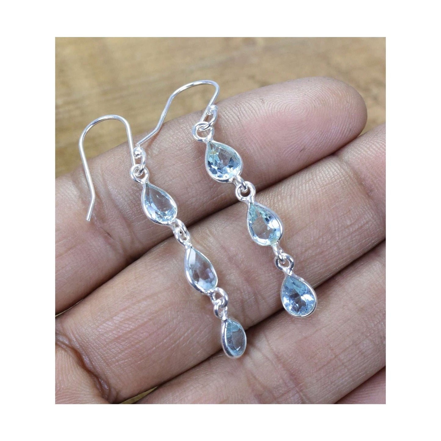 925 Sterling Silver Natural Gemstone 3 stone long Earring, Bezel Set Birthstone Ring, Perfect gift