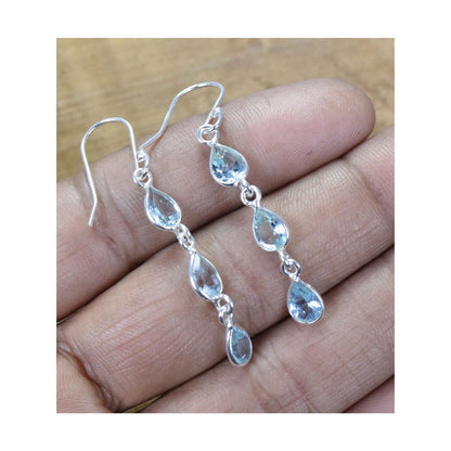925 Sterling Silver Natural Gemstone 3 stone long Earring, Bezel Set Birthstone Ring, Perfect gift