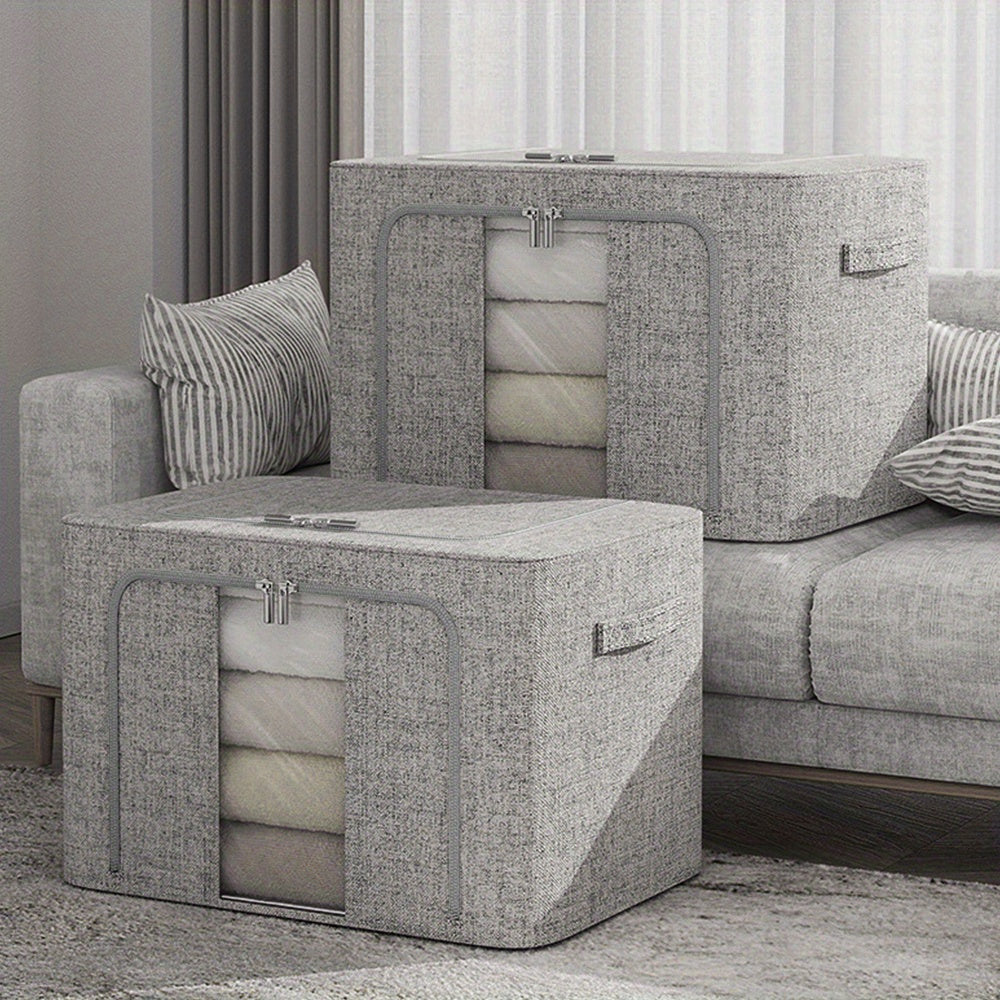 66L Foldable Storage Box with Clear Windows - Extra Thick Cotton Linen Fabric Organizer Bins | Space-Saving Stackable Design for Clothes, Blankets & Bedding Storage (Zipper Closure, Wardrobe Essential)