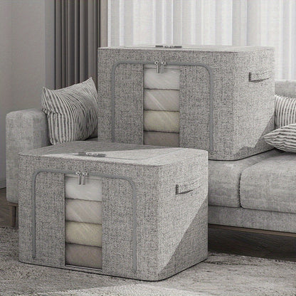 66L Foldable Storage Box with Clear Windows - Extra Thick Cotton Linen Fabric Organizer Bins | Space-Saving Stackable Design for Clothes, Blankets & Bedding Storage (Zipper Closure, Wardrobe Essential)