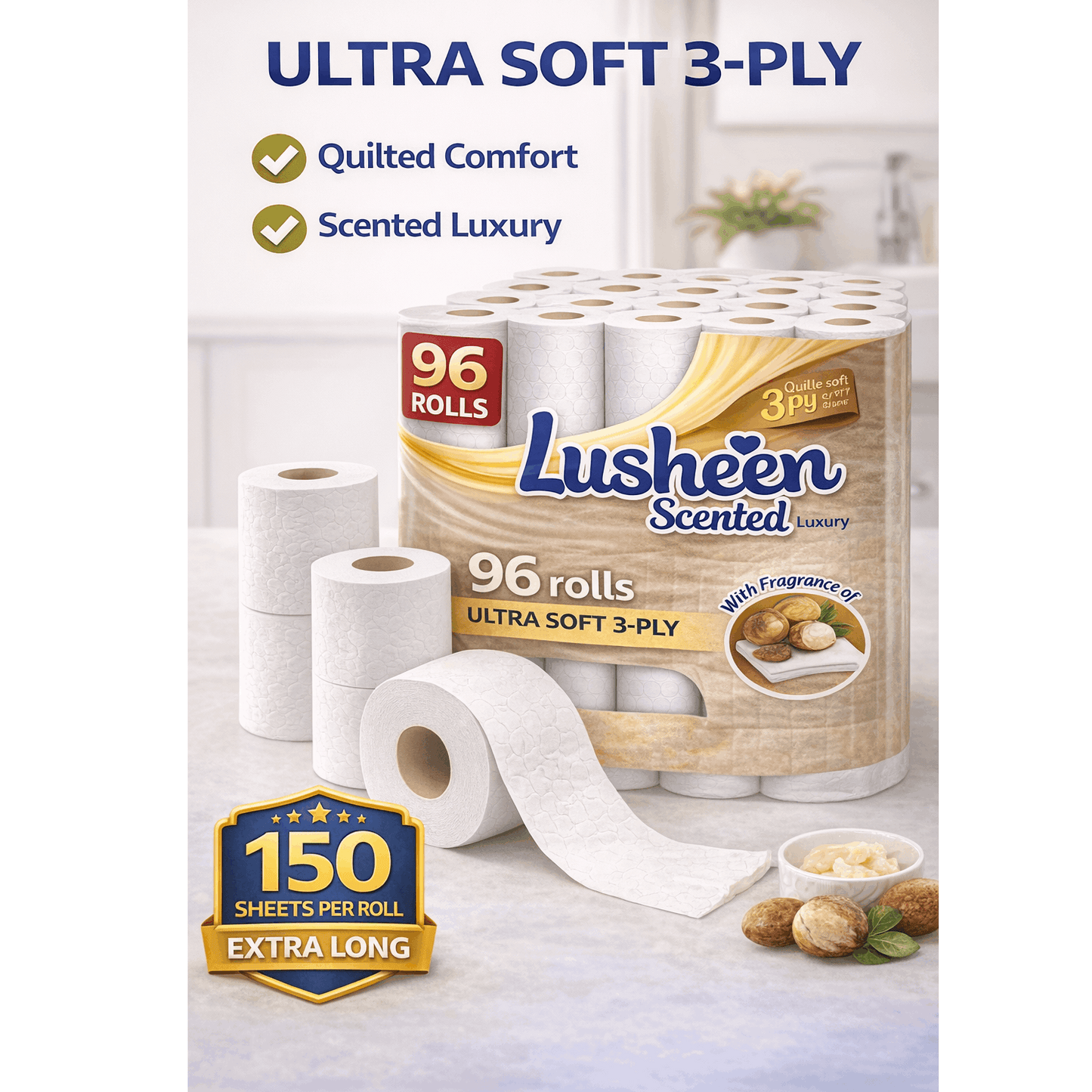 96 Rolls Toilet Tissue – 3 Ply – Extra Long 150 Sheets – Soft & Strong Bulk Pack – Long Lasting Family Size