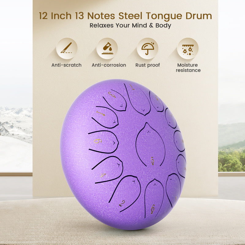 12 Inch 13 Notes Steel Tongue Drum, D Key & Rust-Proof Handpan Drum with Drum Bag and Percussion Instrument Tools