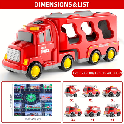 Construction Truck Toys for 3 4 5 Boys, 5-In-1 Kids Carrier Construction Trucks Cars for Boy Toys Birthday, Car Trucks Friction Power Toys with Light And Sound