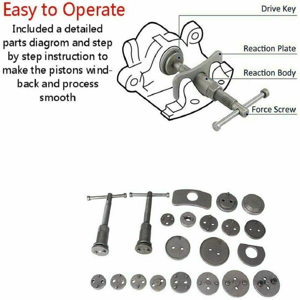 Universal New Brake Caliper Piston Rewind Wind Back Tool Kit Set 23pcs Disc Brake Caliper Compression Tool Kit And Piston Wind Back Tool with Case for Brake Pad Replacement Reset, Professional Heavy Duty Car Brake Caliper Compression Universal Tool