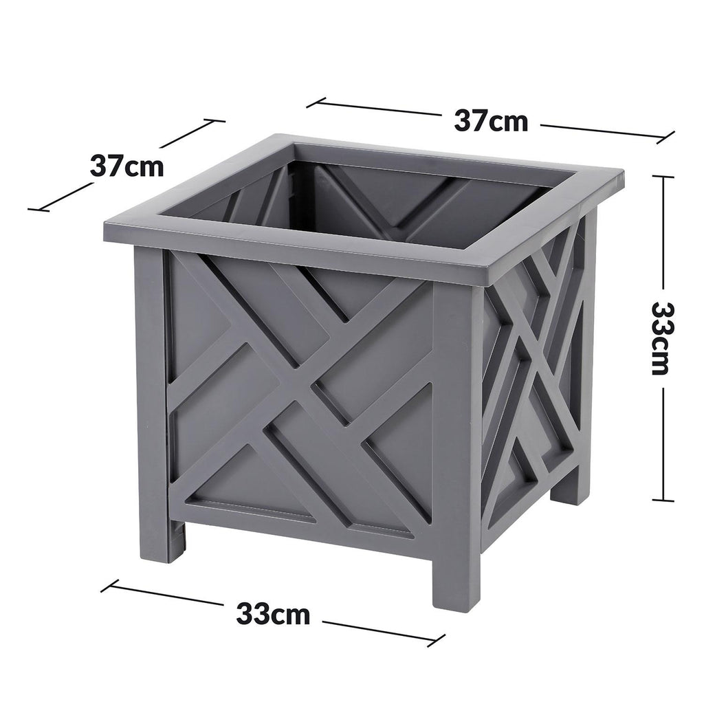 Square Lattice Planter Box 14.5 Inch Wood-Look Plastic – Decorative Outdoor Flower Pot for Porch, Patio, Garden & Balcony | Grey & White | 1 or 2 Pack