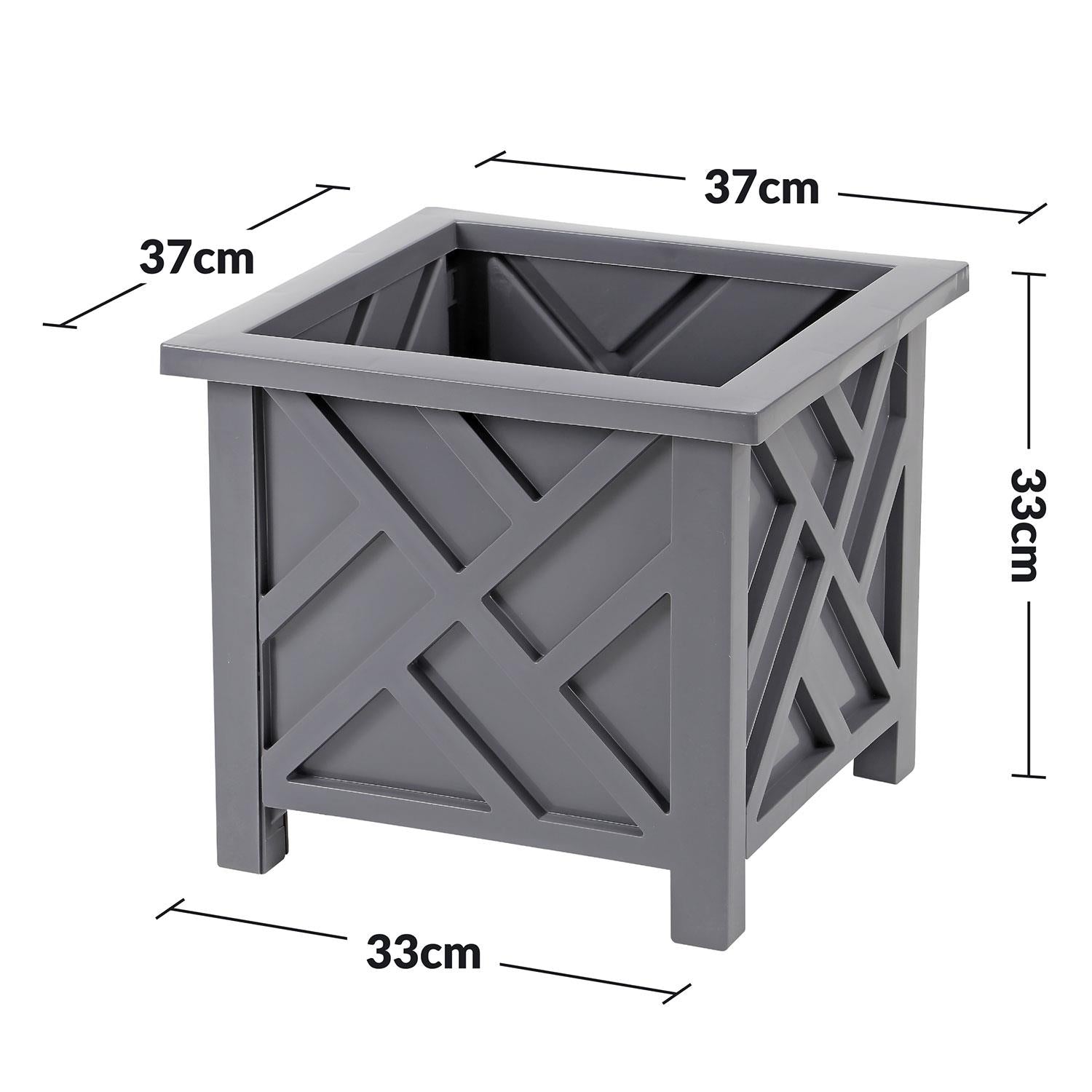 Square Lattice Planter Box 14.5 Inch Wood-Look Plastic – Decorative Outdoor Flower Pot for Porch, Patio, Garden & Balcony | Grey & White | 1 or 2 Pack
