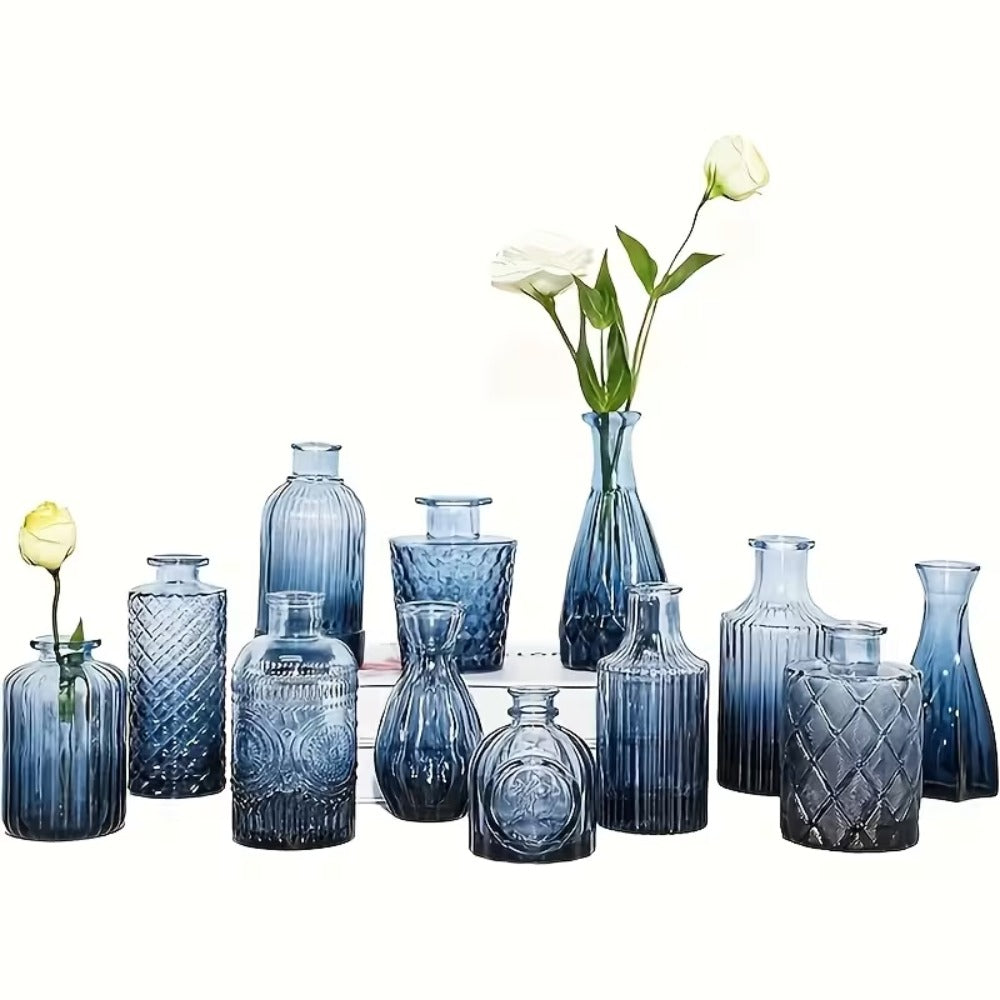 12pcs Blue/Green Glass Bud Vase Set, Mini Retro Small Vase, Ideal Rural Centerpiece for Wedding Decoration, Family Dining Table Decoration And Floral Arrangement
