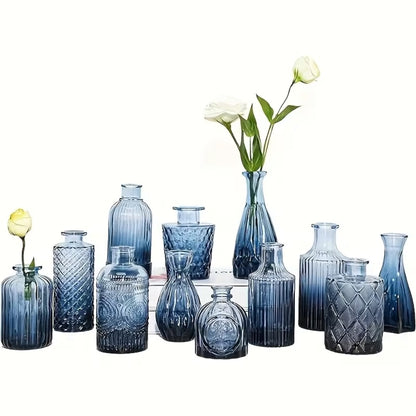 12pcs Blue/Green Glass Bud Vase Set, Mini Retro Small Vase, Ideal Rural Centerpiece for Wedding Decoration, Family Dining Table Decoration And Floral Arrangement