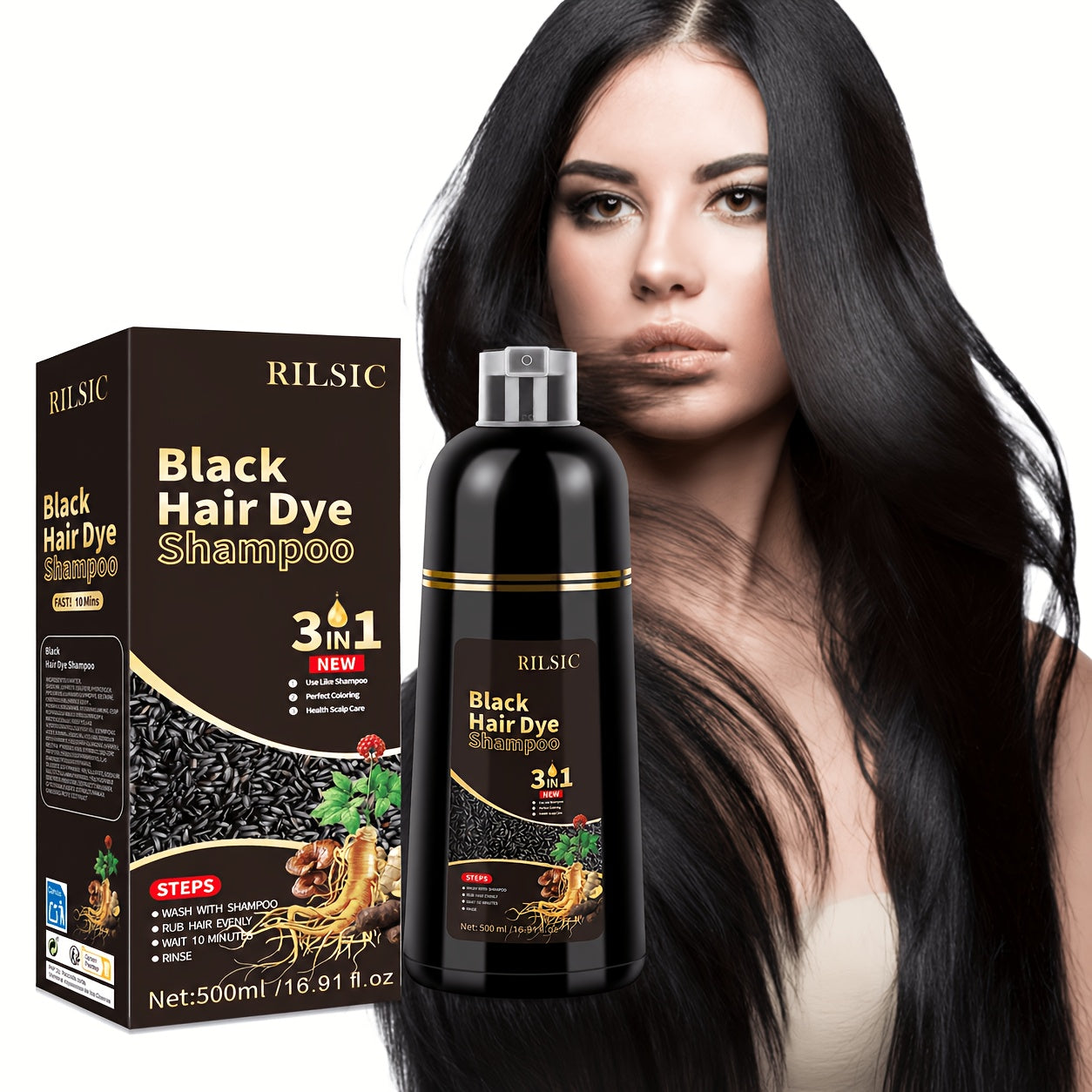 Hair Dye Shampoo For Grey Hair, 500ML Herbal Natural Hair Dye 3 In 1, Instant Hair Colour Shampoo, Hair Shampoo, Hair Dye Hair Color Shampoo Coloring In Minutes For Women Men