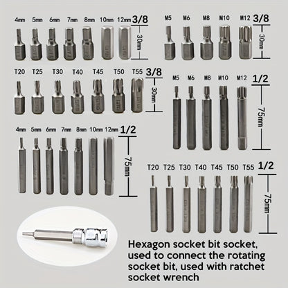 Hex Torx Star & Spline BIT Socket Set 3/8" & 1/2"dr Long & Short Reach Allen Key