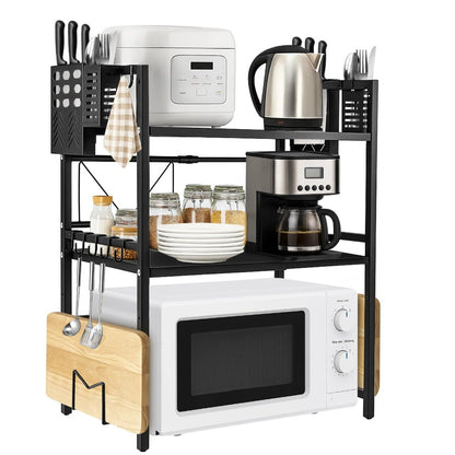 Heavy-Duty Expandable Microwave Rack - Adjustable Width (40-60cm) & Height, 3-Tier Kitchen Organizer with 6 Hooks, Space-Saving Countertop/Cabinet Storage Shelf, Sturdy Metal Construction, Easy Assembly for Microwave, Pots, Pans, Utensils - Ideal for Smal