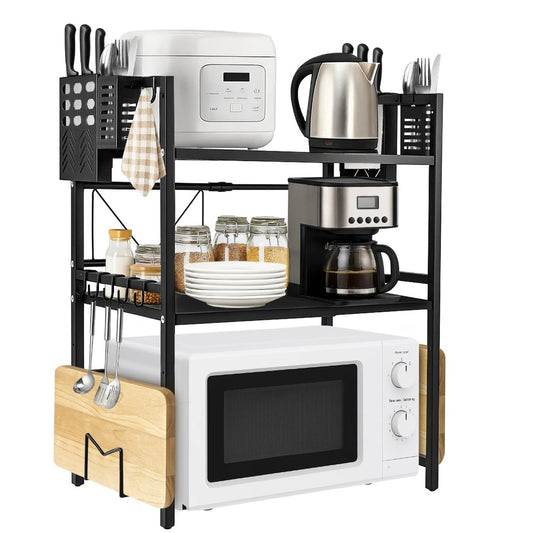 Heavy-Duty Expandable Microwave Rack - Adjustable Width (40-60cm) & Height, 3-Tier Kitchen Organizer with 6 Hooks, Space-Saving Countertop/Cabinet Storage Shelf, Sturdy Metal Construction, Easy Assembly for Microwave, Pots, Pans, Utensils - Ideal for Smal