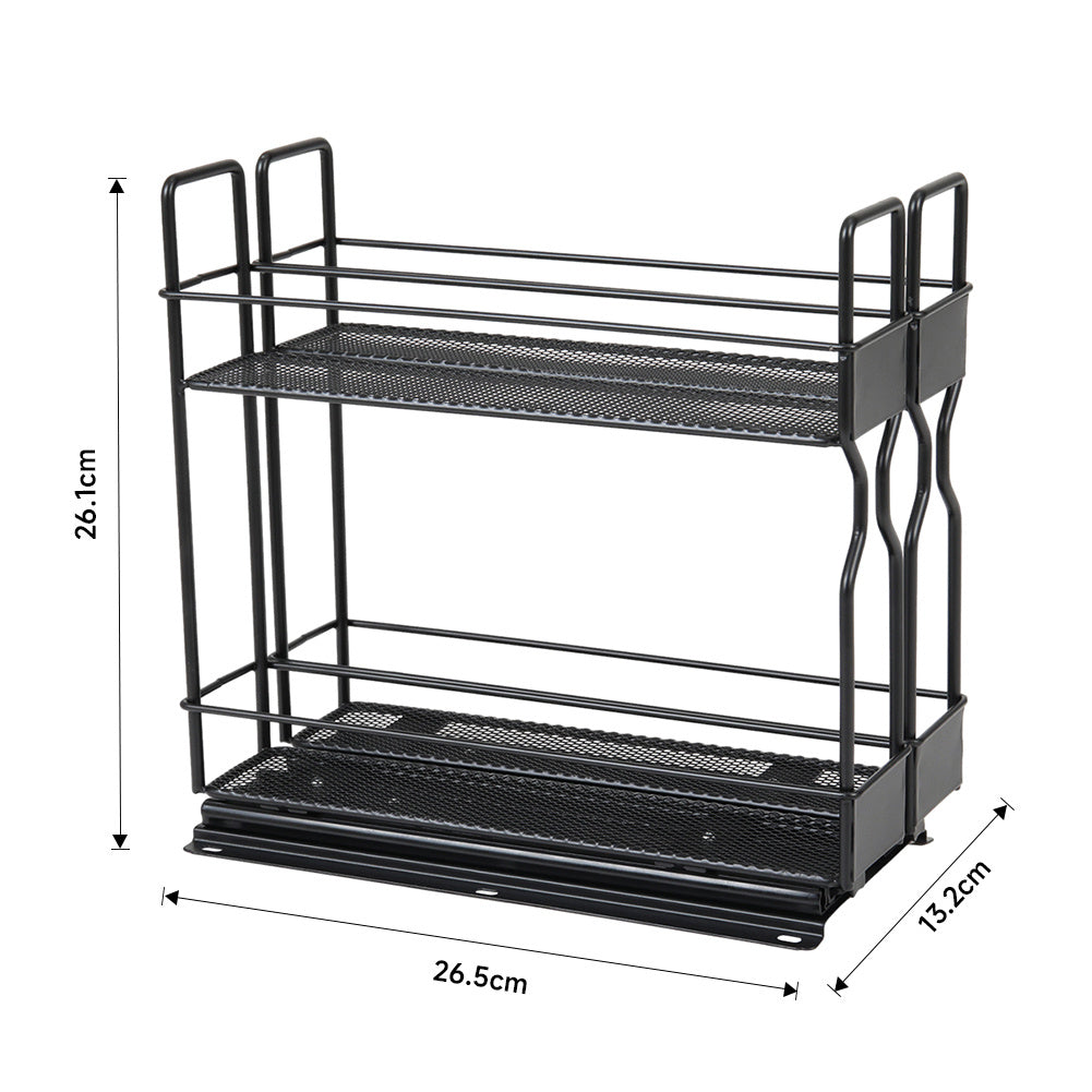 2 Tier Pull Out Spice Rack for Inside Cupboard, Sliding Spice Rack Cabinet Organiser Rack Metal Seasoning Rack Free Standing, Black