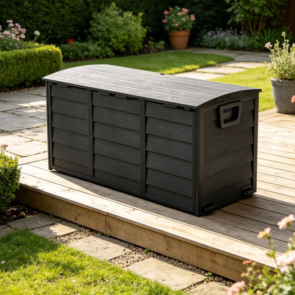 Large Capacity Outdoor Plastic Cushions Storage Box Utility Patio Deck Box with Wheel Lockable Lid Container Case Home Organizer for Parcels, Garden Tools, Clothes, Blankets, Pillows & More 112*49*54cm