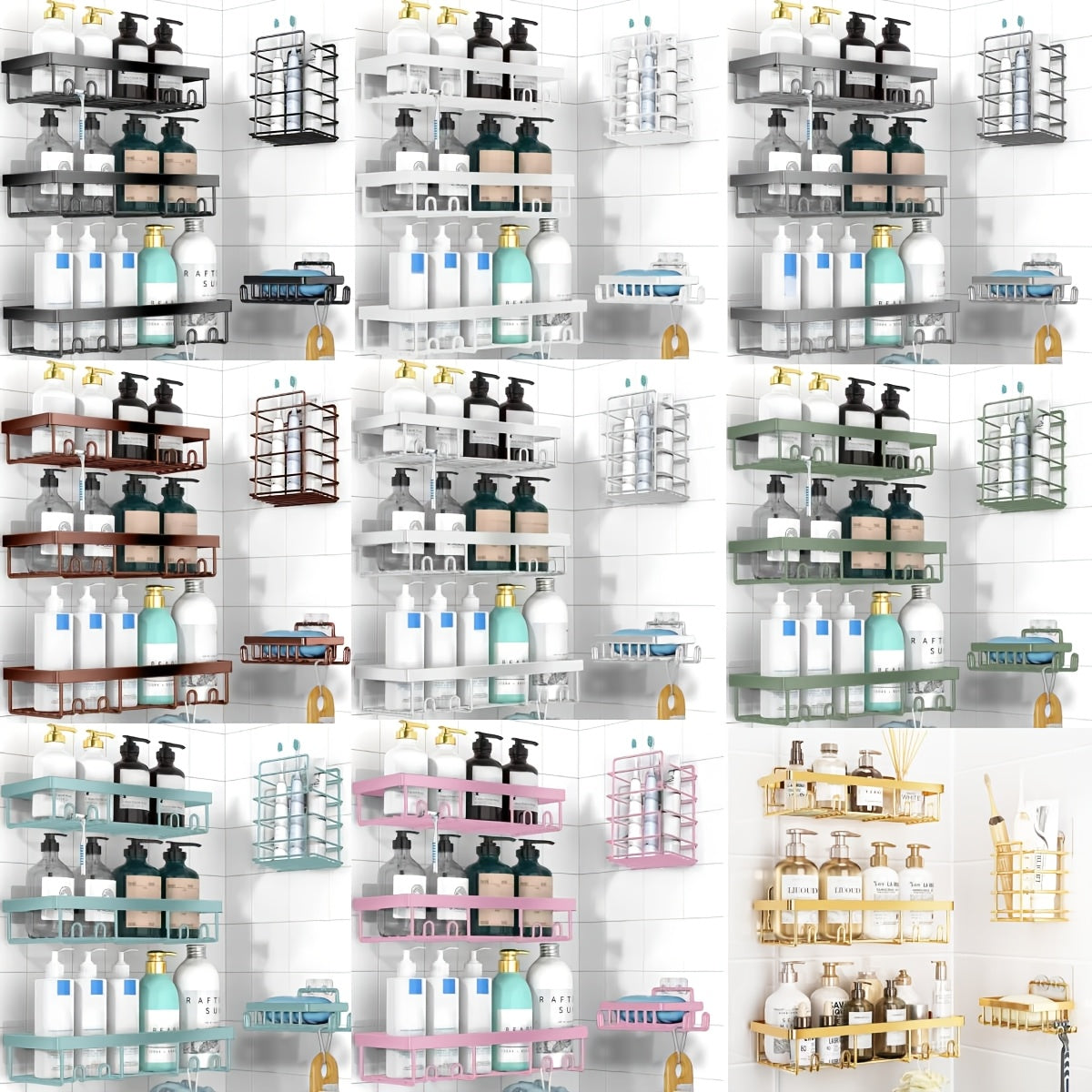 Shower Caddy, Bathroom Shower Organizers, Black Shower Shelves for Inside Shower with Soap Caddy & Toothbrush Holder, Stainless Steel Wall Rack Baskets Adhesives Mounted(1 And5pcs), Random Color Properties to Choose, Shelves