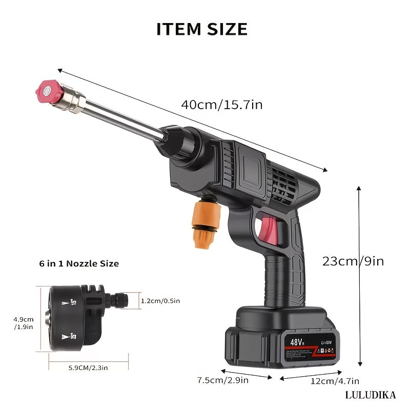 Portable Cordless High Pressure Car Washer Gun with 2 Batteries/Quick Connect 6-In-1 Nozzle, Stainless Steel Handheld Pressure Car Washing Gun Cleaning Kit for Car, Home, Garden Floor, Patio