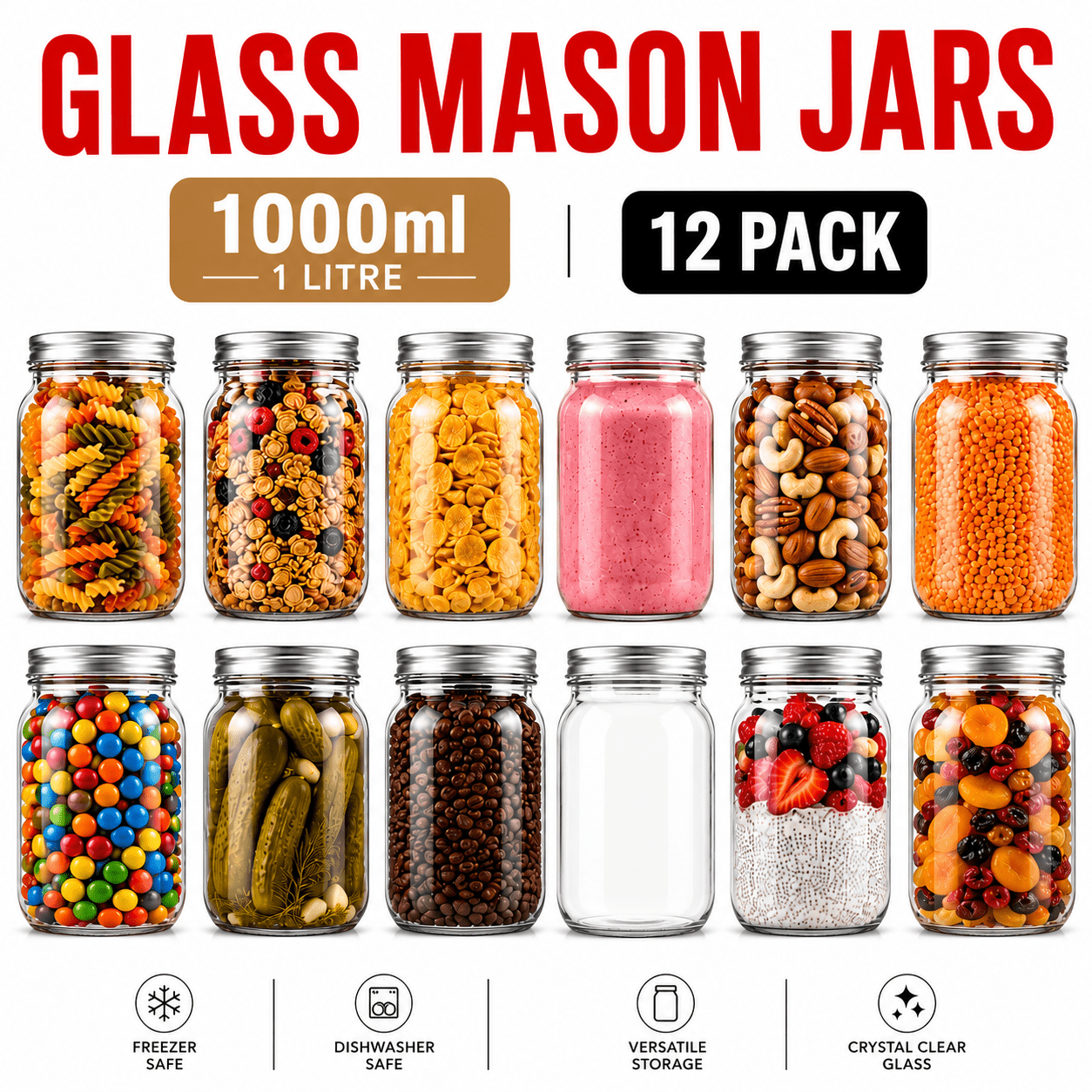 Mason Jars With Lids - 1 Litre Leakproof Glass Jars with Lids. Labels, Pen and Sponge - 12 Pack Large Mason Jar as Preserving Jars, Salad Jars, Overnight Oats Jar, and Pickling Jars