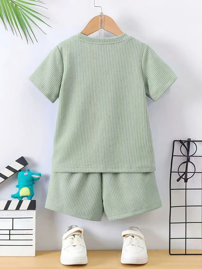 Boys' Summer New Round Neck Short Sleeve Shorts with Pockets 2pcs Set Fashion Casual Easy Suitable for Outdoor Wear