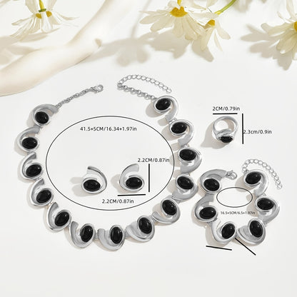 4pcs/Set Silvery Women'S Fashionable Easy Necklace Earrings Bracelet Ring Set Geometric Oval Black Acrylic Inlaid Spiral Stitching Beaded Pendant Necklace Bracelet Earrings Ring Boho Spiral Design Jewelry Set