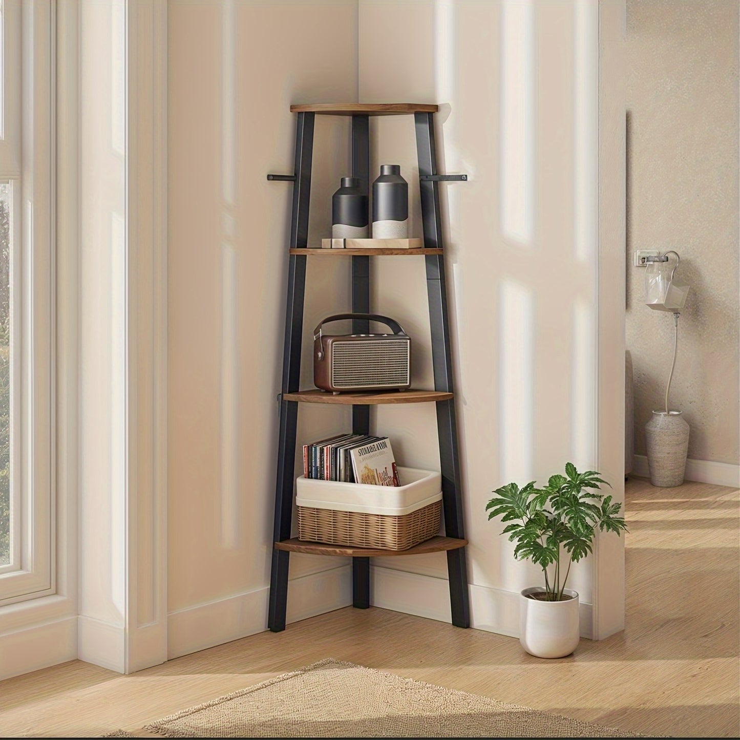 4-Tier Corner Shelf Unit, Ladder Shelf for Living Room, Suitable As a Bookshelf Or Plant Stand, Industrial Style Accent Furniture