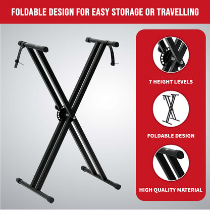 X-Frame Keyboard Stand - Height Adjustable Single/Double Braced for Keyboards, Synthesisers and Digital Pianos - Black