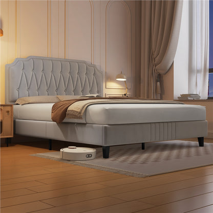 Costoffs Double/King Bed Frame Upholstered Platform Bed with Adjustable Button Tufted Headboard/Velvet Fabric/Mattress Foundation/Sturdy Wooden Slat Support, No Box Spring Needed, Black/Beige/Dark Grey/Light Grey