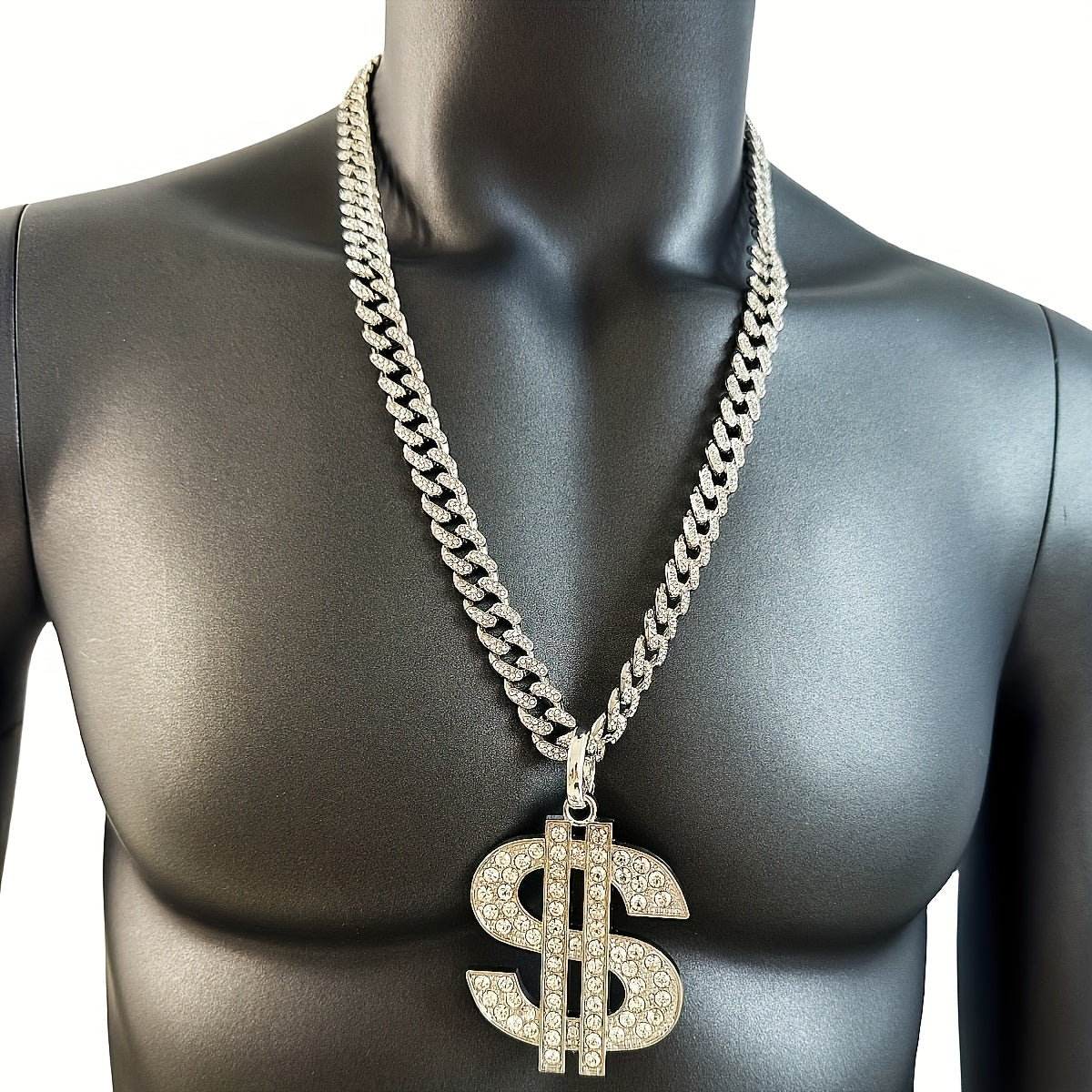 Large and Heavy US Dollar Symbol Pendant,  18K Gold Plated Alloy 18K Gold Plated-plated Cuban Chain Necklace with 12mm Full, Men's Hip-hop Style Ring Combination