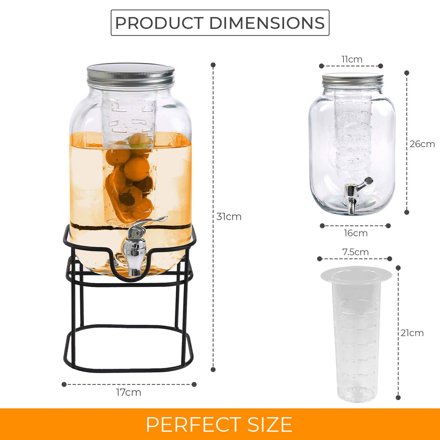 4L Glass Water Dispenser with Tap – Wide Mouth Drink Dispenser with Metal Wire Handle and Stand - Leak Proof Glass Juice Dispenser with Tap for Beverage, Cocktail and Drinks