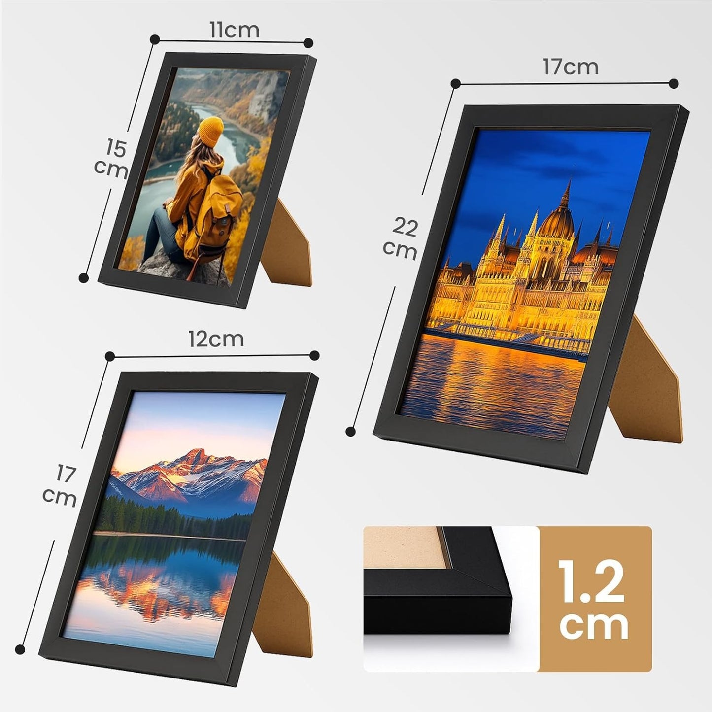 19 Pcs Wooden Photo Frame Set, Multi Size Picture Frames with Stand & Wall Hooks, Tabletop or Wall Mounted Display
