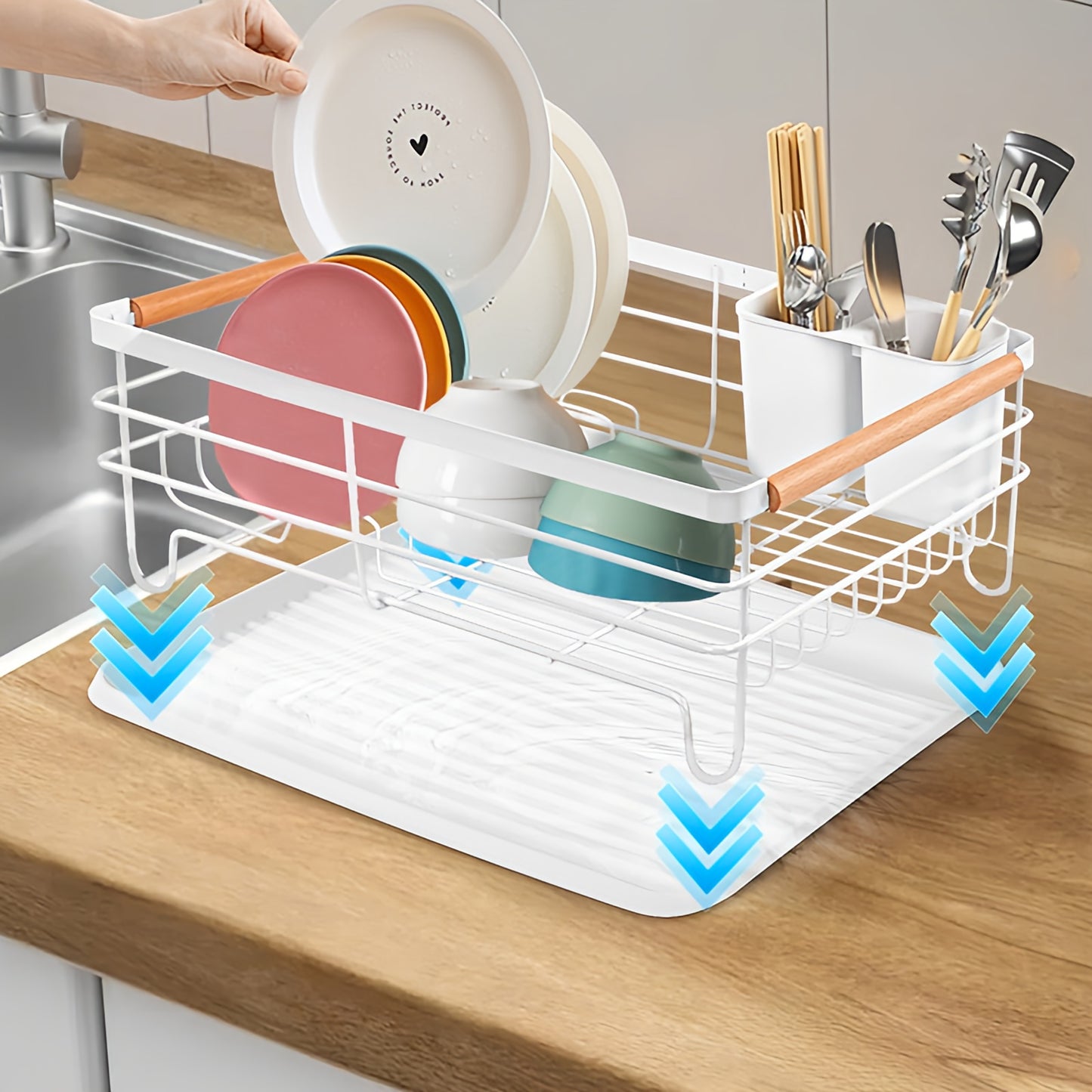 Dish Drainer Rack with Removable Drip Tray - Large Space Saving Kitchen Drying Rack for Plates, Bowls & Cutlery Metal Frame with Wooden Handles (BLACK)