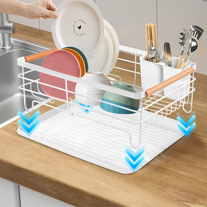 Dish Drainer Rack with Removable Drip Tray - Large Space Saving Kitchen Drying Rack for Plates, Bowls & Cutlery Metal Frame with Wooden Handles (BLACK)