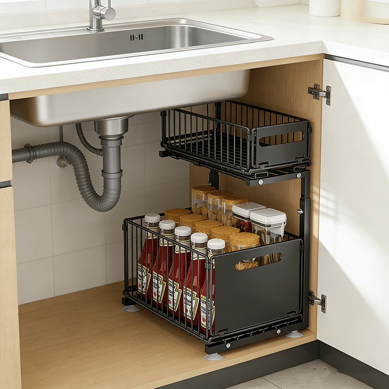 2- Tier Slide- Out Storage Basket, Adjustable Pull- Out Under- Sink Rack, No Punching Bathroom Cabinet Organizer, Foldable Spice Rack for Home, Kitchen, Cleaning Supplies, Storage Accessories