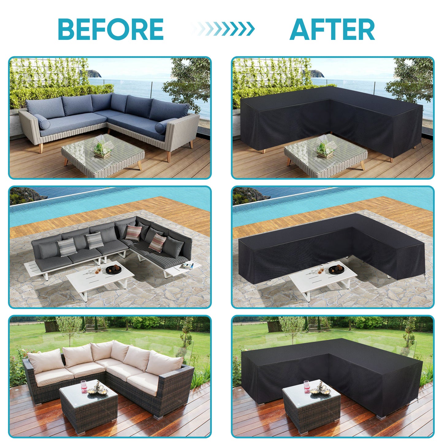 L-Shape Garden Furniture Cover Waterproof UV Resistant 210D Oxford Fabric Corner Sofa Protector with Drawstring 4 Sizes Black