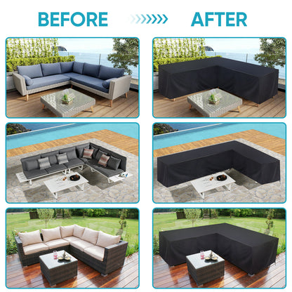 L-Shape Garden Furniture Cover Waterproof UV Resistant 210D Oxford Fabric Corner Sofa Protector with Drawstring 4 Sizes Black