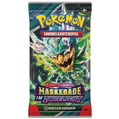 4-Pack Pokémon Booster Set - Masquerade in Twilight Booster Crimson & Purple - with 4 Boosters and 10 Cards - GERMAN