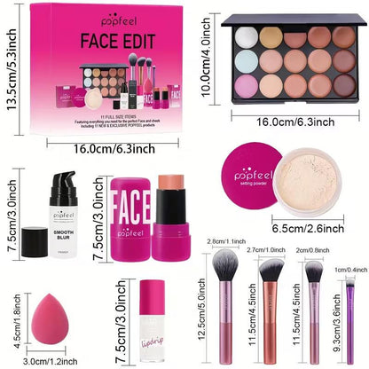 POPFEEL Full Face Makeup Kit, includes facial editing palette - waterproof, sweatproof, long-lasting full coverage, 12-in-1 multi-functional palette containing primer, foundation, concealer, setting powder, blush, contour, highlighter, bronzer, eyeshadow,
