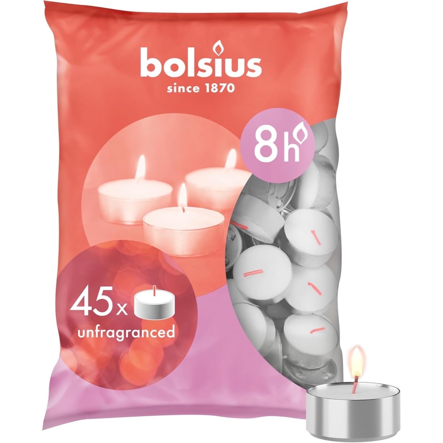 Bolsius Unscented White Tealight Candles, Pack of 45, 8-Hour Tealights for Home Use and Decor