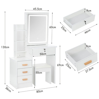 Dressing Table, Vanity Desk with Mirror, Makeup Desk, Modern Makeup Table with Mirror And Chair, LED Lights with Adjustable Brightness, 4 Drawers, 6 Hidden Shelves, for Bedroom, White/Black