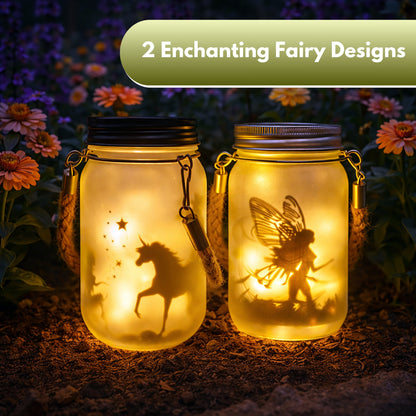 Garden Mile Solar Fairy Jar Lights Set of 2 – Hanging Solar Lantern Mason Jar Lights with Fairy Silhouette Designs, Outdoor Garden Solar Lights with Rope Handle, Decorative Fairy Garden Lanterns, 13cm