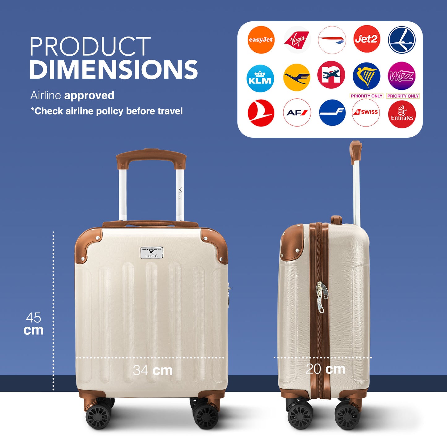 LUGG Skywander 15 Inch (45x34x20cm) Lightweight Underseat Cabin Bag EasyJet Approved Carry-On Suitcase, Durable ABS Hard Shell, Smooth Double Spinner Wheels, Water Resistant & Compact Travel Luggage (45x34x20cm)