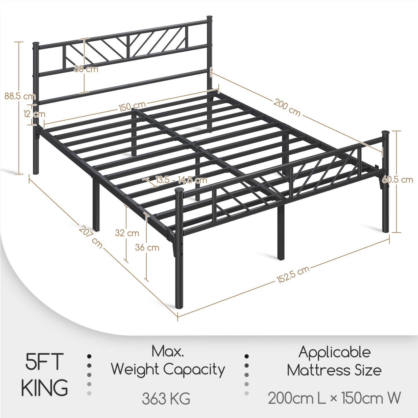 Costoffs Metal Platform Bed Frame, Single/Double/King Sizes, Mattress Foundation with Arrow Design Headboard & Footboard, Built-in Steel Slats, 32cm Underbed Storage, No Box Spring Needed, Black/White