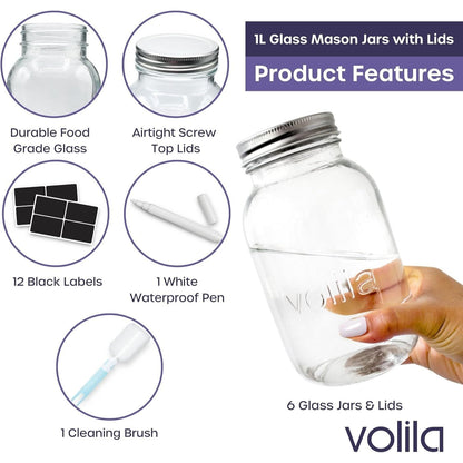 Mason Jars With Lids - 1 Litre Leakproof Glass Jars with Lids. Labels, Pen and Sponge - 12 Pack Large Mason Jar as Preserving Jars, Salad Jars, Overnight Oats Jar, and Pickling Jars