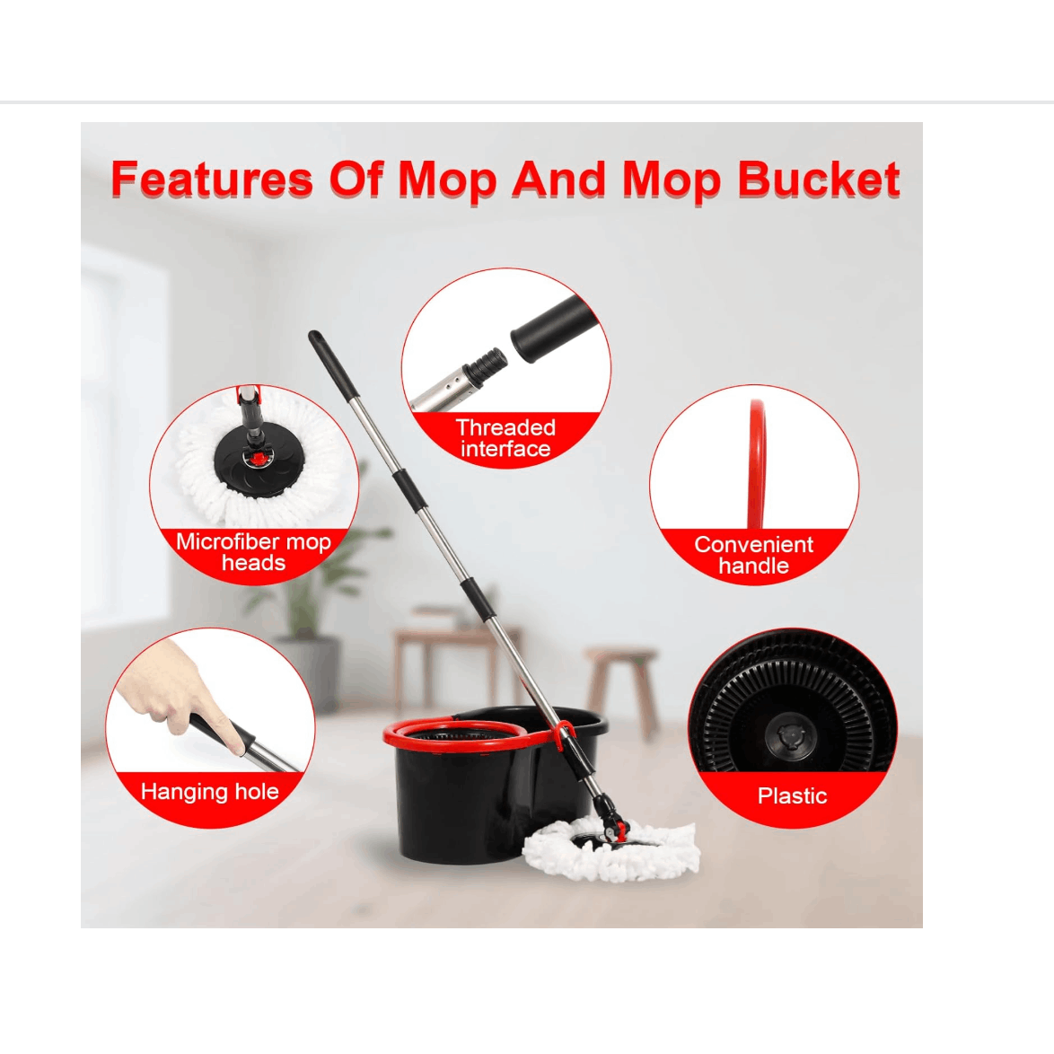 360° Spin Mop for Hard Floor – Cleaning Mop and Buckets Sets System with Easy Wring, Black 4 Reusable Microfiber Mop Heads – For Hardwood, Tile, Laminate, Vinyl Floors