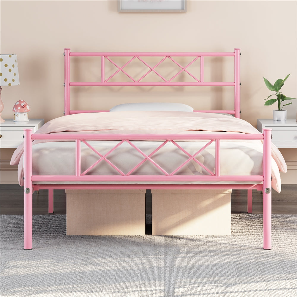 Costoffs Metal Bed Frame Metal-Framed Bed Base with Storage, Bed Foundation for Small Space, Easy Assembly Bed Foundation with Cross-design Headboard and Footboard for Bedrooms, Single/Double/king, Black/White/Pink