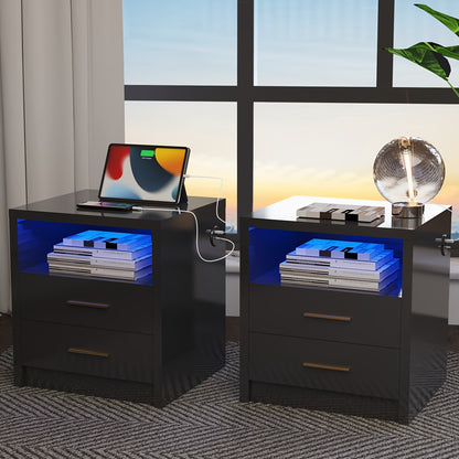 Black/White Night Stand with 2/3 Drawers, High Gloss Bedside Table with RGB Lights/Type-C/USB Port for Bedroom
