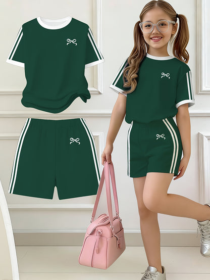 2pcs Set, Easy Bow Print Short Sleeve T-Shirt And Shorts Set, Star Style, Suitable for Spring And Summer, Back-To-School Outfit, Y2K Fashion, Campus Activities, Comfortable Casual, Fashionable And Playful, Hippie Style, Retro Sweet American Style