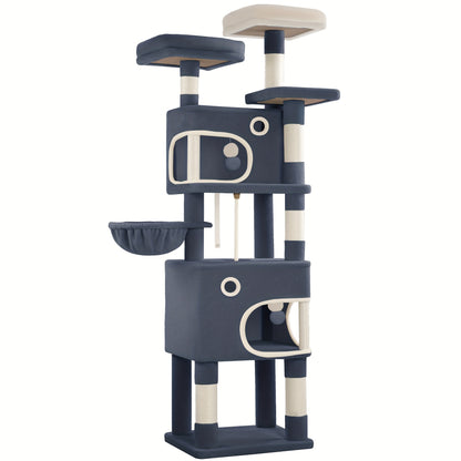 [Multi-Level Cat Tree] HZUANERI 180cm Multi-Level Cat Tree | 8 Scratching Posts, 3 Platforms, 2 Dens, Basket & Plush Balls - Durable Sisal Rope for Indoor Cats of All Sizes, Space-Saving Design for Climbing, Resting & Play, Cat Climbing Tower, Pet Activit